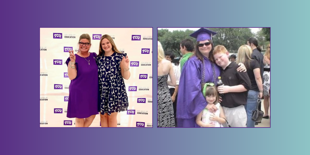 mother stephanie plotner and daughter ella plotner smiling holding horned frog hand signs