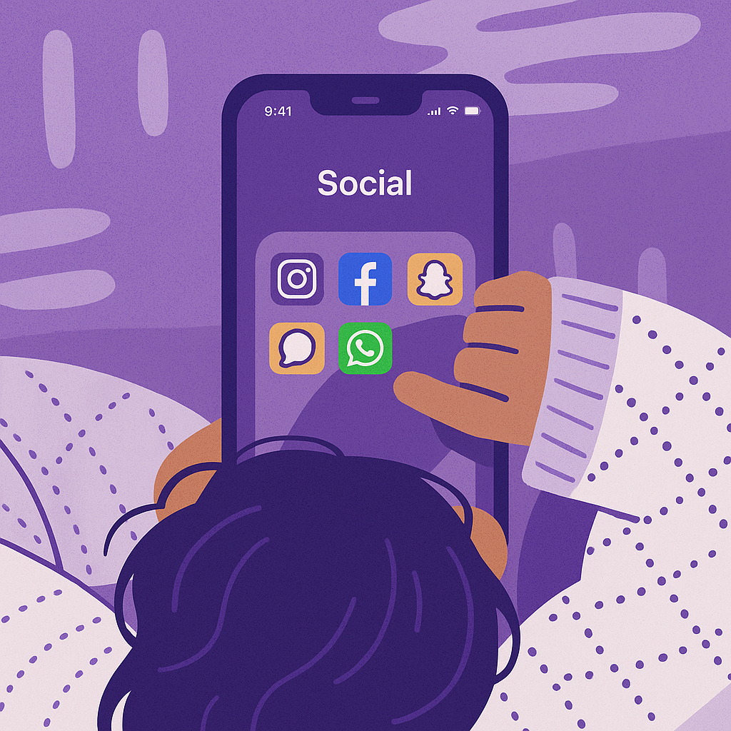 illustration of person on cell phone lookign at social media icons Instagram, Facebook, Snapchat and more.