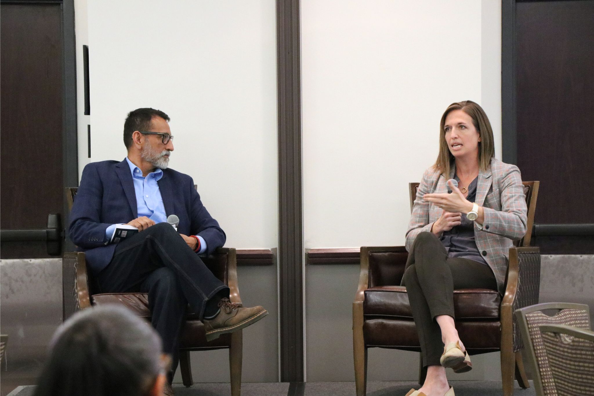 Dr. Lindsay Whorton in conversation with Dean Frank Hernandez