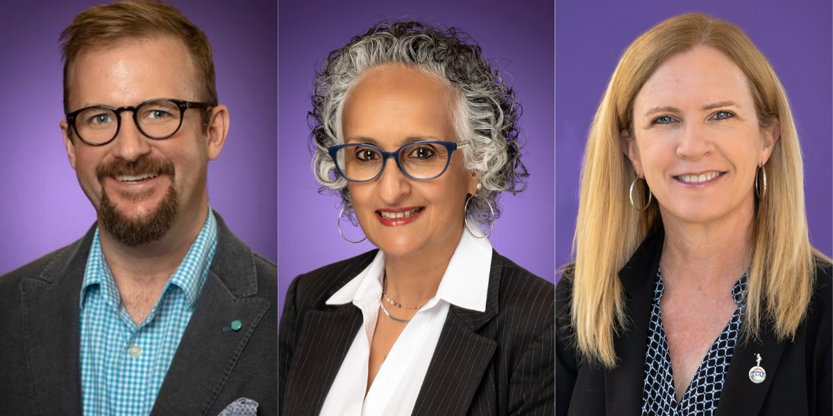 Headshots of Gabriel Huddleston, Miriam Ezzani, and Cynthia Savage against a purple background.