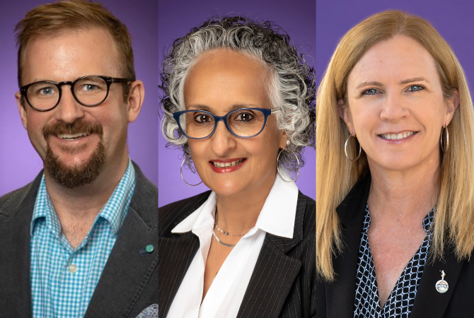 Headshots of Gabriel Huddleston, Miriam Ezzani, and Cynthia Savage against a purple background.