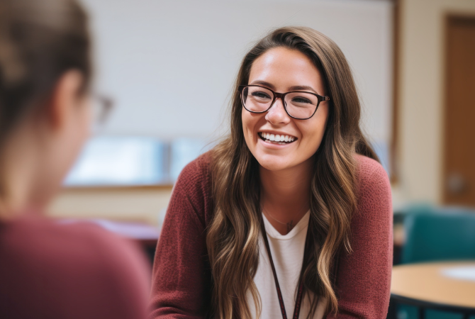 smiling young woman counselor talking to student